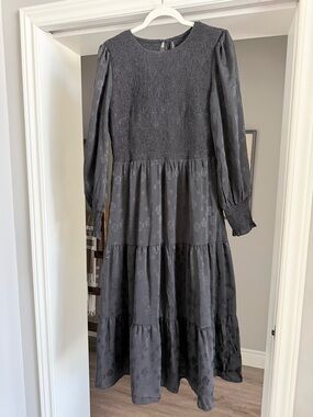 Smocked Bodice Long Sleeve Midi Dress - Charcoal